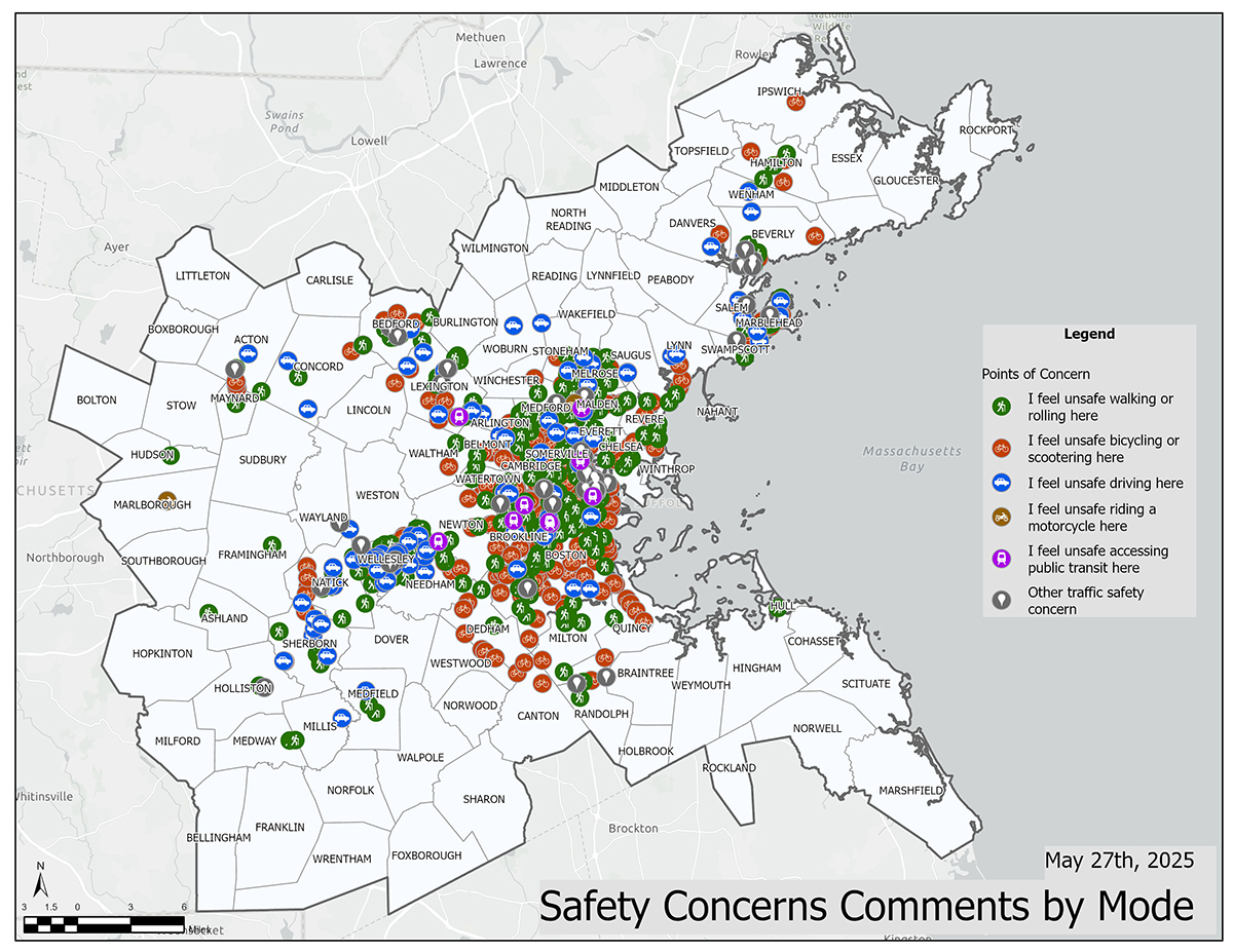 A screenshot of the Boston MPO online, interactive web map showing locations of safety concerns. Types of concerns related to different travel modes include feeling unsafe walking or rolling; feeling unsafe bicycling or scootering; feeling unsafe driving; feeling unsafe riding a motorcycle; feeling unsafe accessing public transit, and other traffic safety concerns. Concerns about walking or rolling and biking or scootering were the most prevalent in the City of Boston and the surrounding suburbs. Additionally in this area concerns about driving and transit are shown but are less frequent. There are few isolated concern areas on the north shore and west of the City for driving, walking, rolling, biking and scootering, and other. The south shore has hardly any areas of concern.